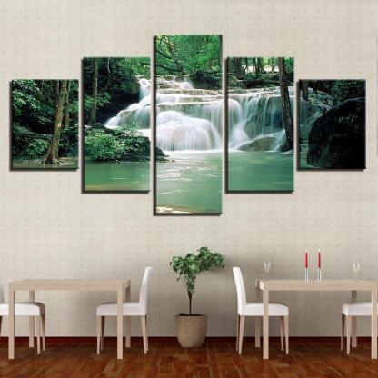 Forest Lake Waterfall 5 Piece HD Multi Panel Canvas Wall Art Frame-Original Frame