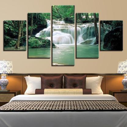 Forest Lake Waterfall 5 Piece HD Multi Panel Canvas Wall Art Frame-Original Frame
