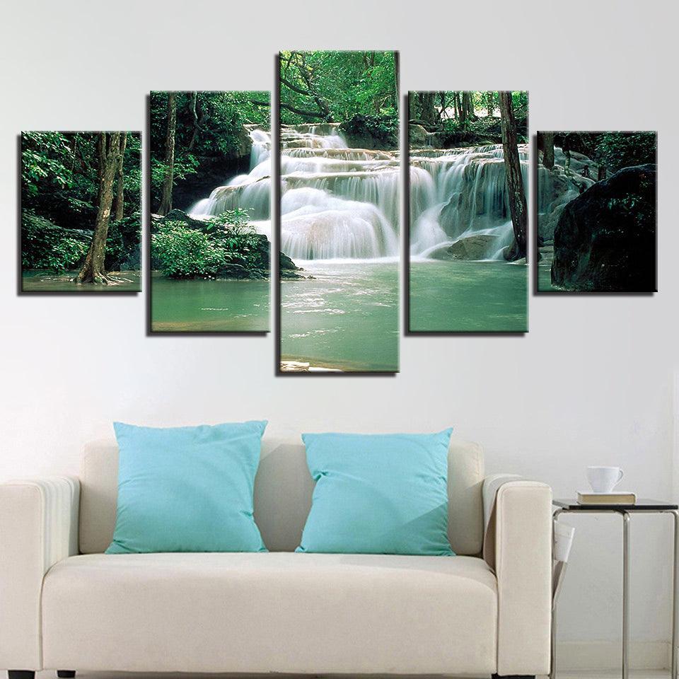 Forest Lake Waterfall 5 Piece HD Multi Panel Canvas Wall Art Frame-Original Frame