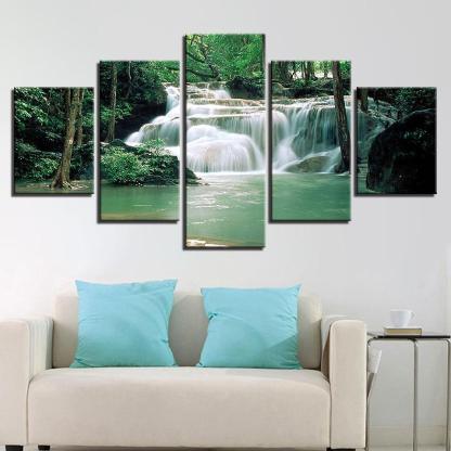 Forest Lake Waterfall 5 Piece HD Multi Panel Canvas Wall Art Frame-Original Frame