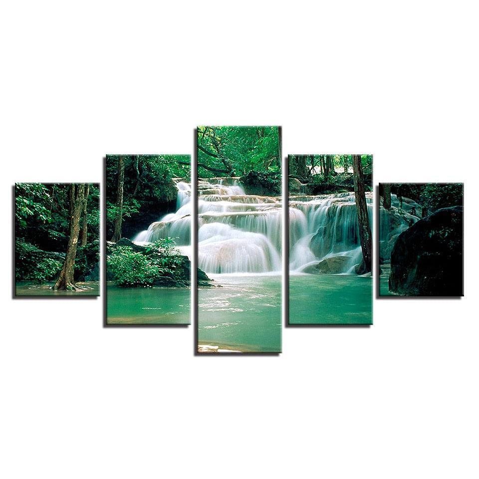 Forest Lake Waterfall 5 Piece HD Multi Panel Canvas Wall Art Frame-Original Frame