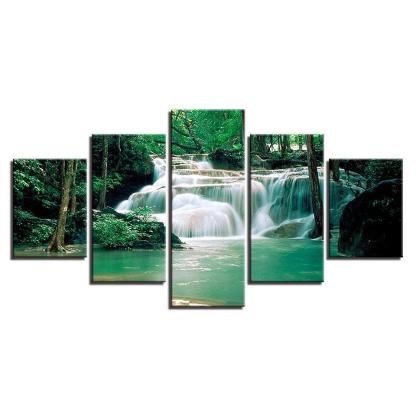 Forest Lake Waterfall 5 Piece HD Multi Panel Canvas Wall Art Frame-Original Frame