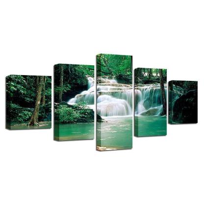Forest Lake Waterfall 5 Piece HD Multi Panel Canvas Wall Art Frame-Original Frame