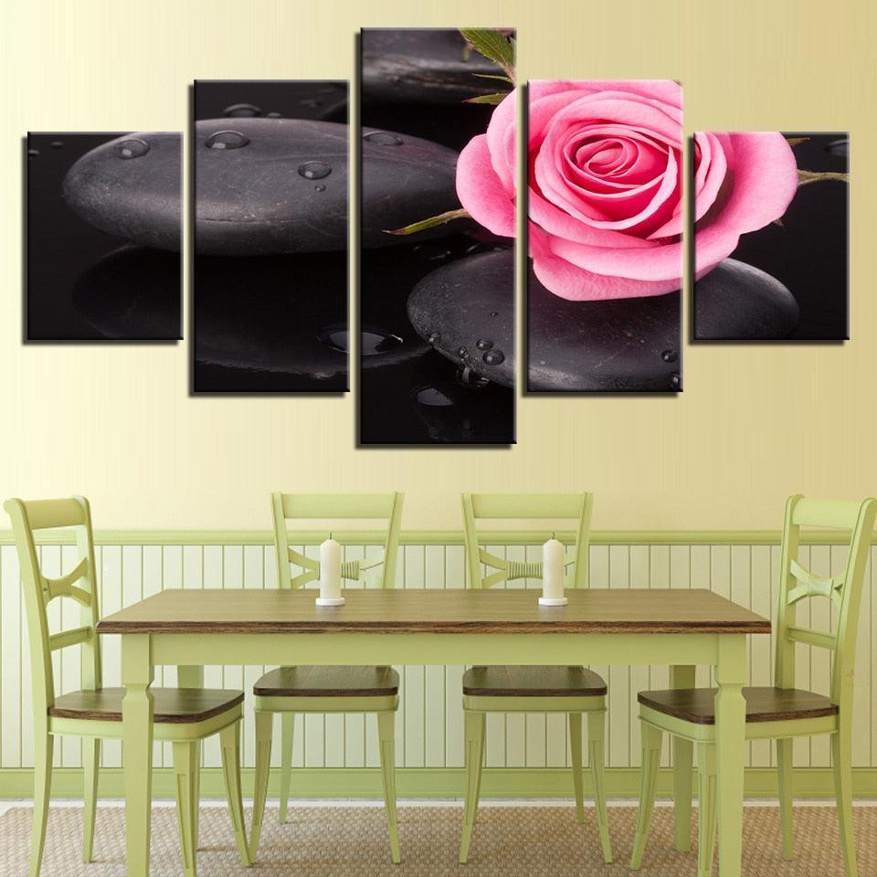 Stone And Pink Rose 5 Piece HD Multi Panel Canvas Wall Art Frame-Original Frame