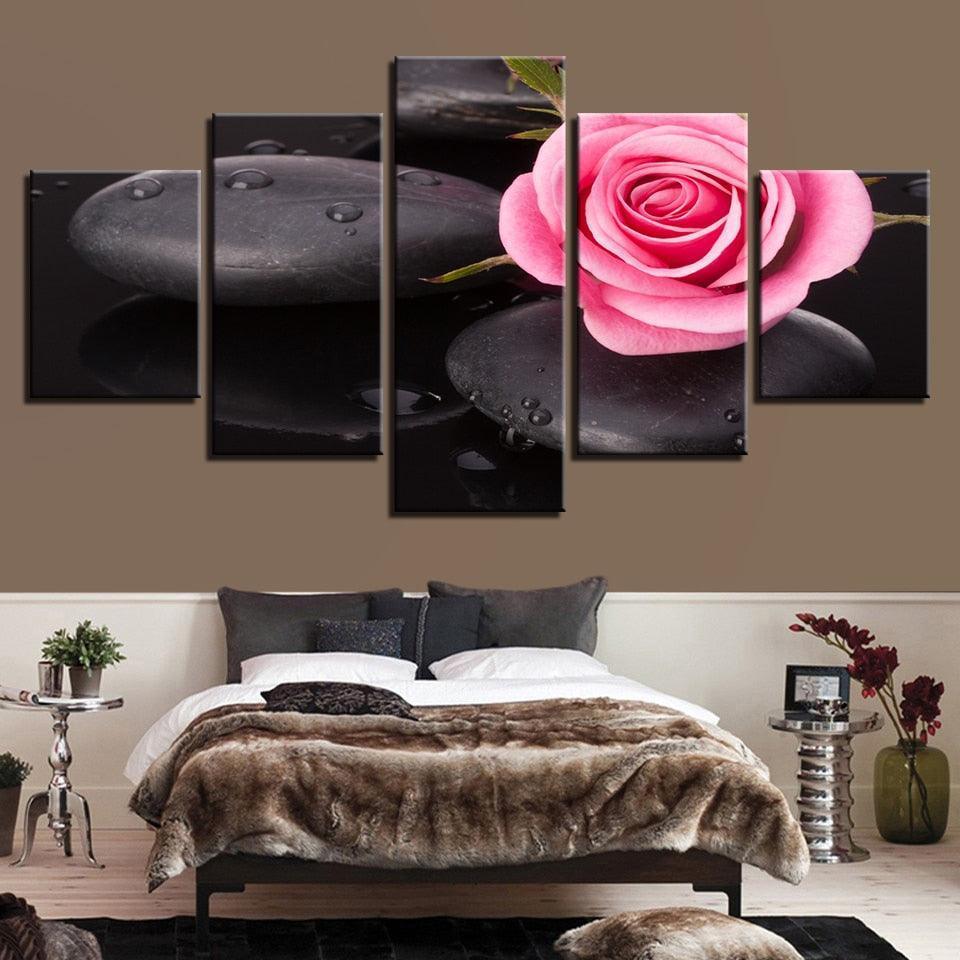 Stone And Pink Rose 5 Piece HD Multi Panel Canvas Wall Art Frame-Original Frame