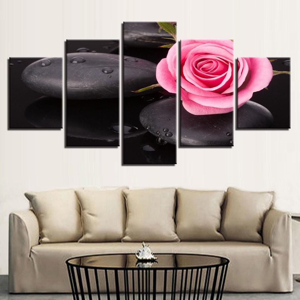 Stone And Pink Rose 5 Piece HD Multi Panel Canvas Wall Art Frame-Original Frame