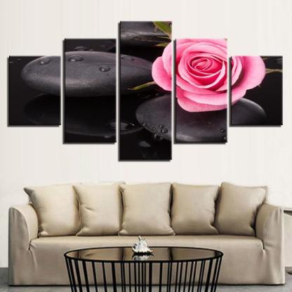 Stone And Pink Rose 5 Piece HD Multi Panel Canvas Wall Art Frame-Original Frame
