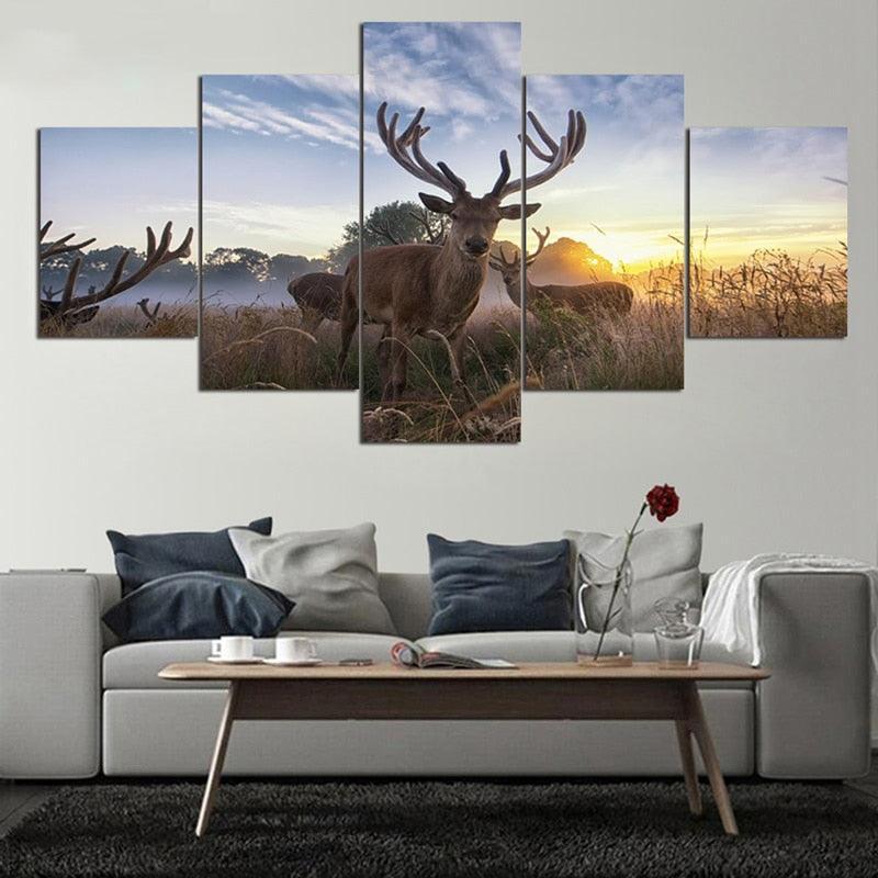 Wild Elks 5 Piece HD Multi Panel Canvas Wall Art Frame-Original Frame