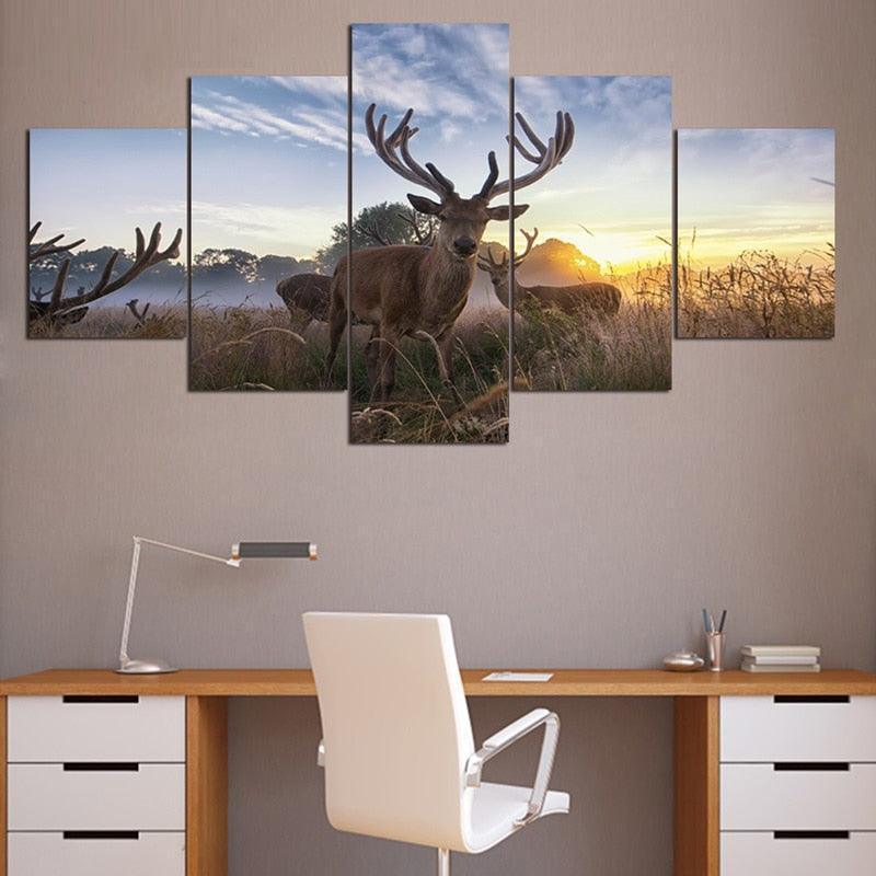 Wild Elks 5 Piece HD Multi Panel Canvas Wall Art Frame-Original Frame