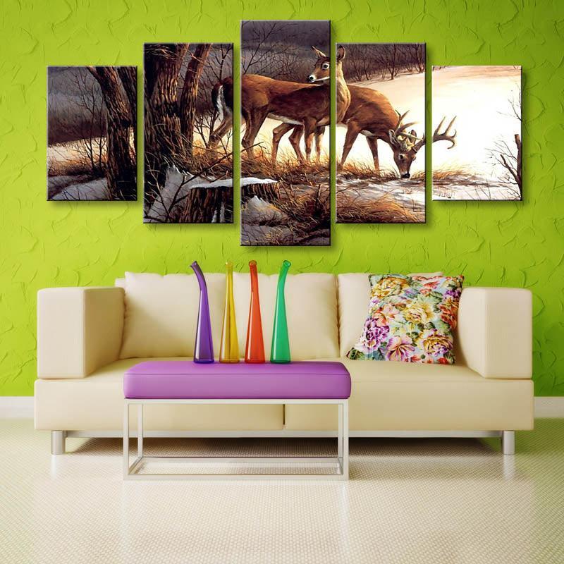 Deers 5 Piece HD Multi Panel Canvas Wall Art Frame-Original Frame
