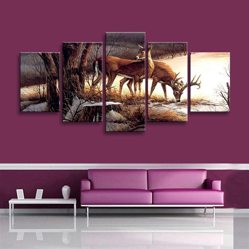 Deers 5 Piece HD Multi Panel Canvas Wall Art Frame-Original Frame