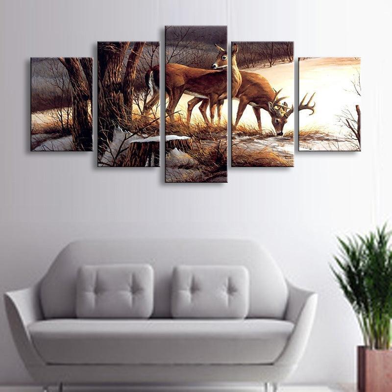 Deers 5 Piece HD Multi Panel Canvas Wall Art Frame-Original Frame