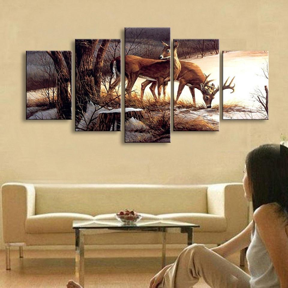 Deers 5 Piece HD Multi Panel Canvas Wall Art Frame-Original Frame