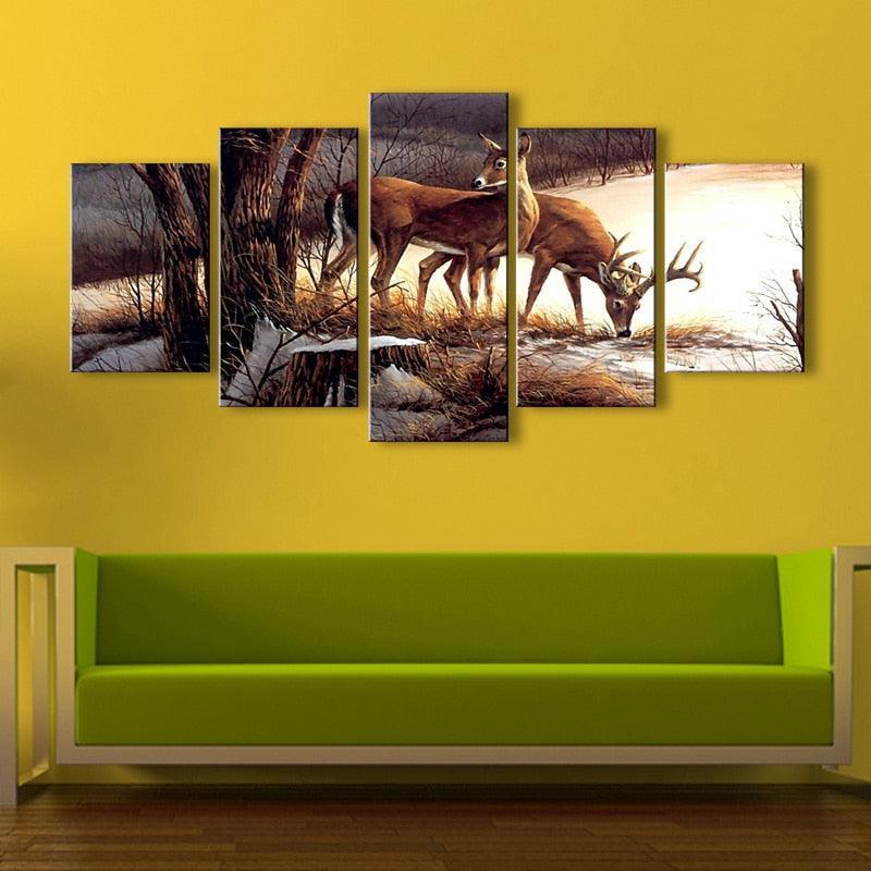 Deers 5 Piece HD Multi Panel Canvas Wall Art Frame-Original Frame