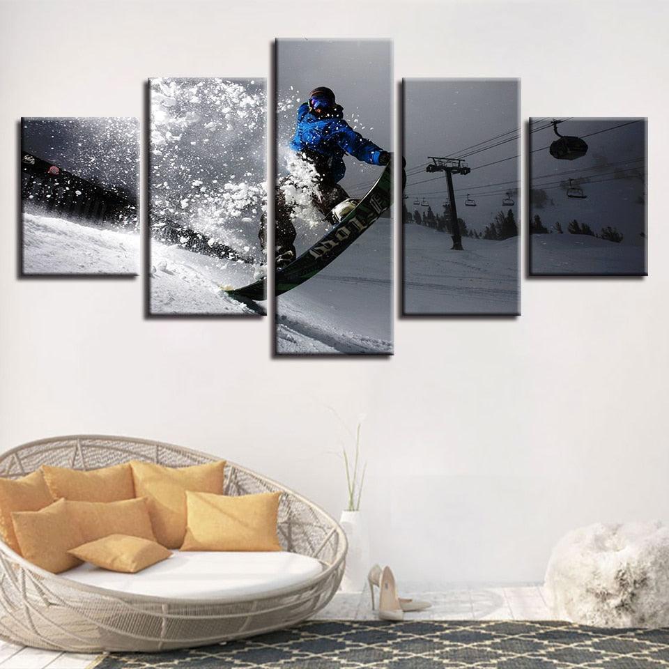 Snow Mountain Skiing 5 Piece HD Multi Panel Canvas Wall Art Frame-Original Frame