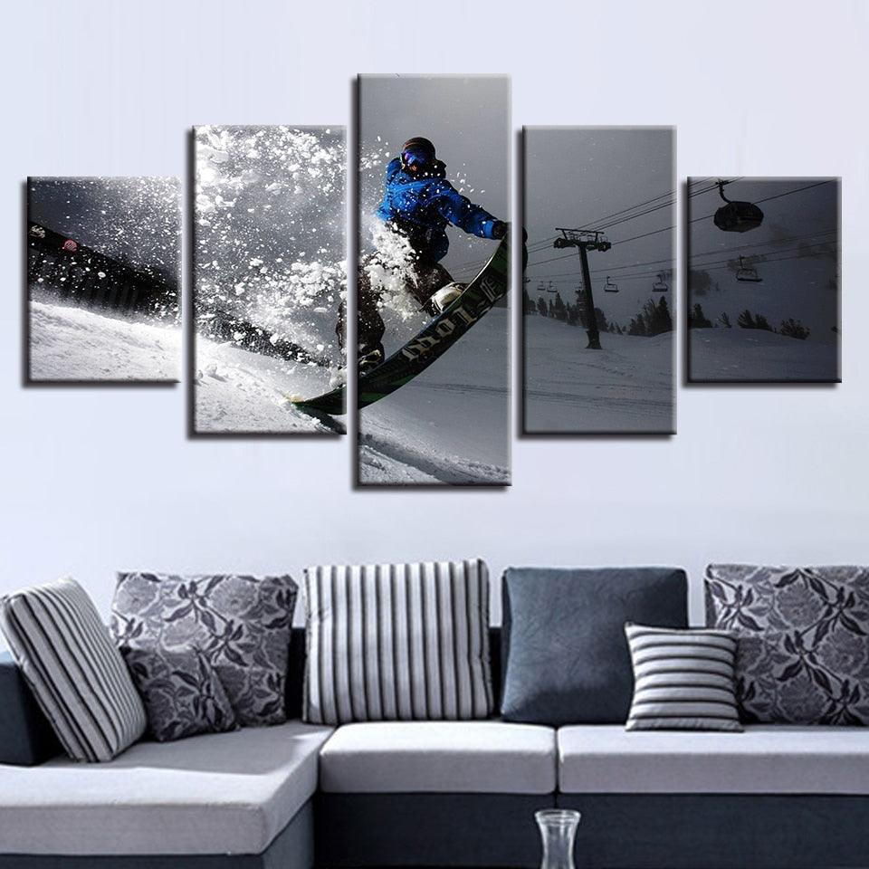 Snow Mountain Skiing 5 Piece HD Multi Panel Canvas Wall Art Frame-Original Frame