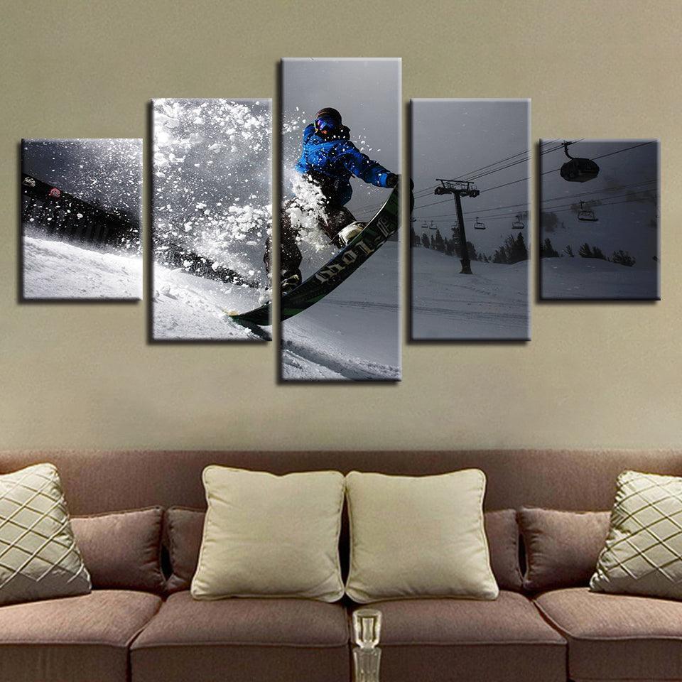 Snow Mountain Skiing 5 Piece HD Multi Panel Canvas Wall Art Frame-Original Frame