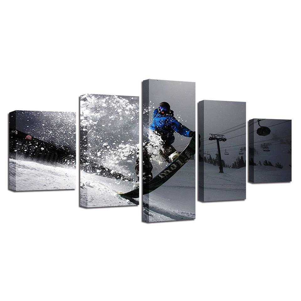 Snow Mountain Skiing 5 Piece HD Multi Panel Canvas Wall Art Frame-Original Frame