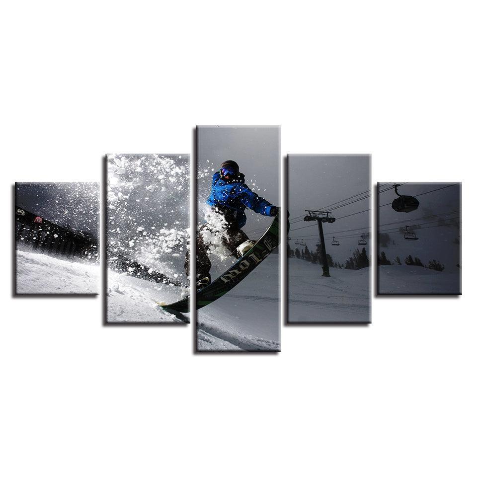 Snow Mountain Skiing 5 Piece HD Multi Panel Canvas Wall Art Frame-Original Frame