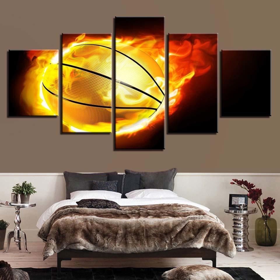 Fiery Basketball 5 Piece HD Multi Panel Canvas Wall Art Frame-Original Frame