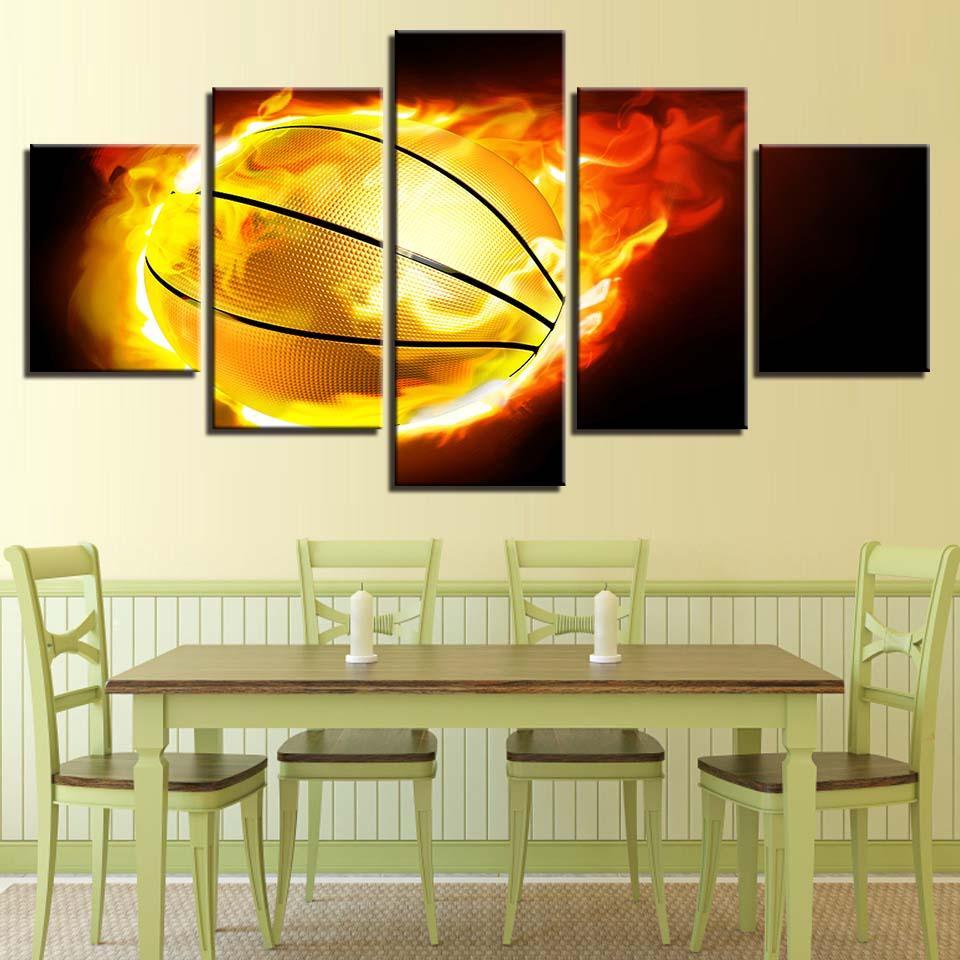 Fiery Basketball 5 Piece HD Multi Panel Canvas Wall Art Frame-Original Frame