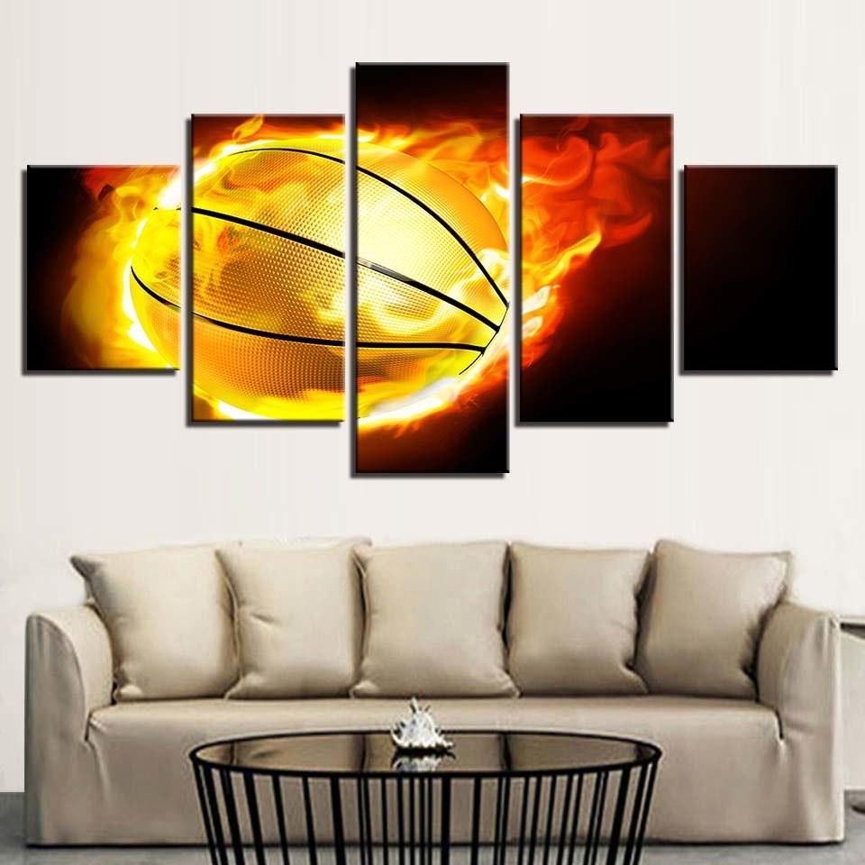 Fiery Basketball 5 Piece HD Multi Panel Canvas Wall Art Frame-Original Frame