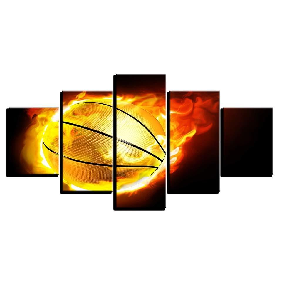 Fiery Basketball 5 Piece HD Multi Panel Canvas Wall Art Frame-Original Frame