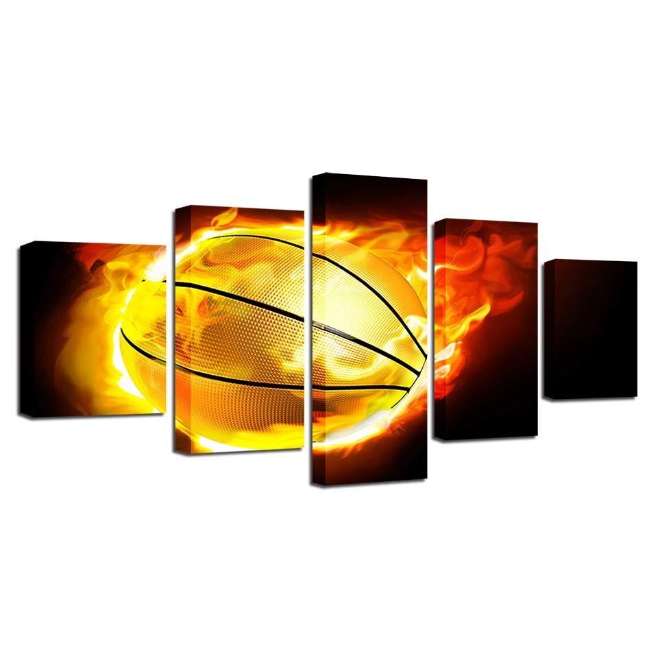 Fiery Basketball 5 Piece HD Multi Panel Canvas Wall Art Frame-Original Frame