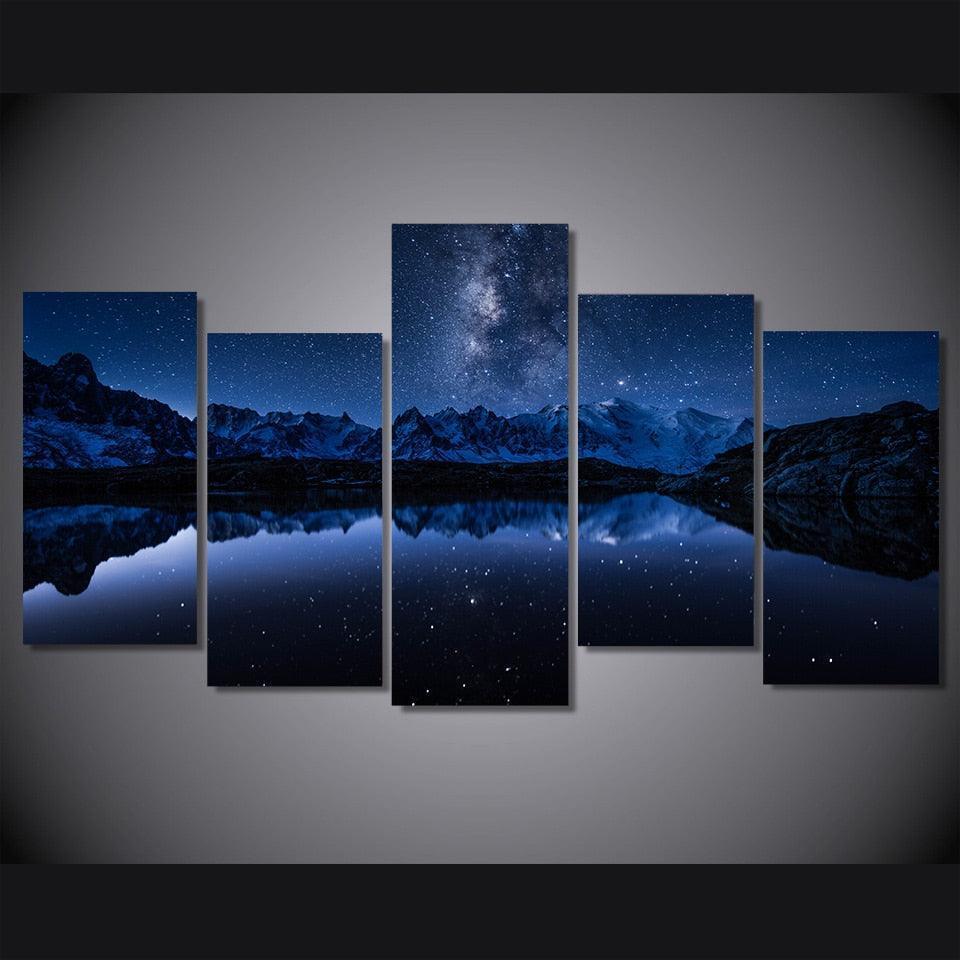 Starry Blue Night 5 Piece HD Multi Panel Canvas Wall Art Frame Painting-Original Frame
