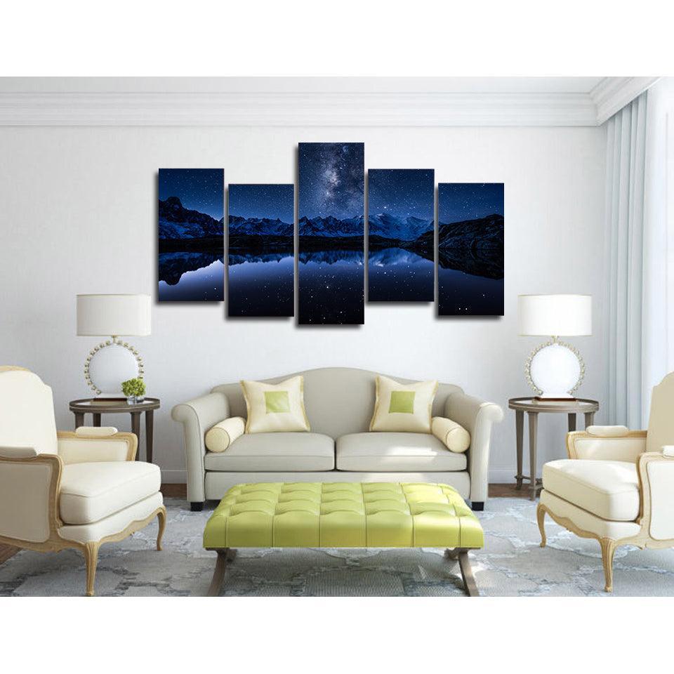 Starry Blue Night 5 Piece HD Multi Panel Canvas Wall Art Frame Painting-Original Frame