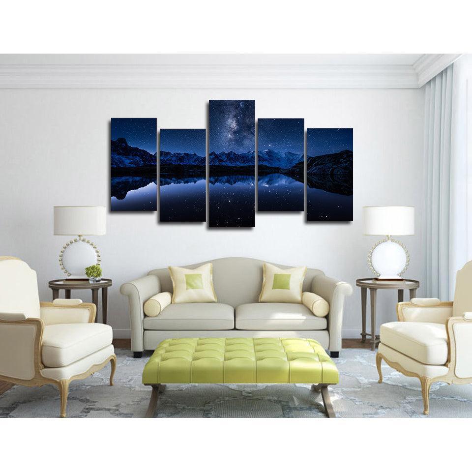 Starry Blue Night 5 Piece HD Multi Panel Canvas Wall Art Frame Painting-Original Frame