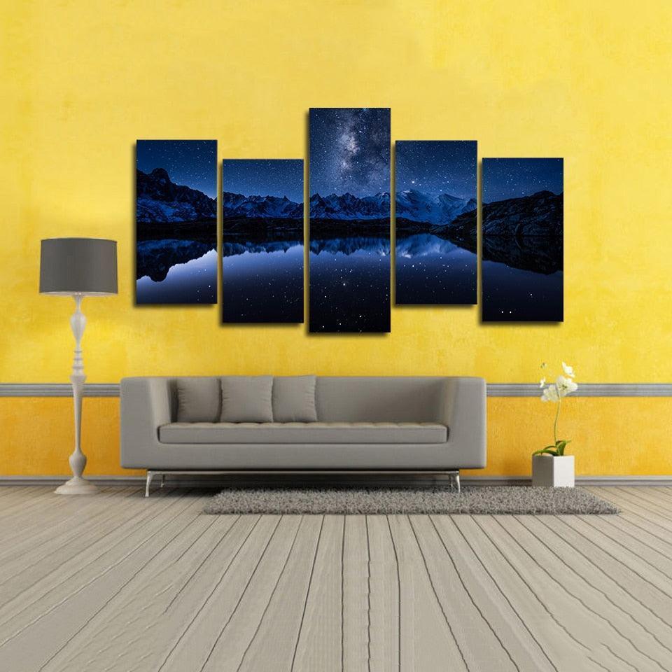 Starry Blue Night 5 Piece HD Multi Panel Canvas Wall Art Frame Painting-Original Frame