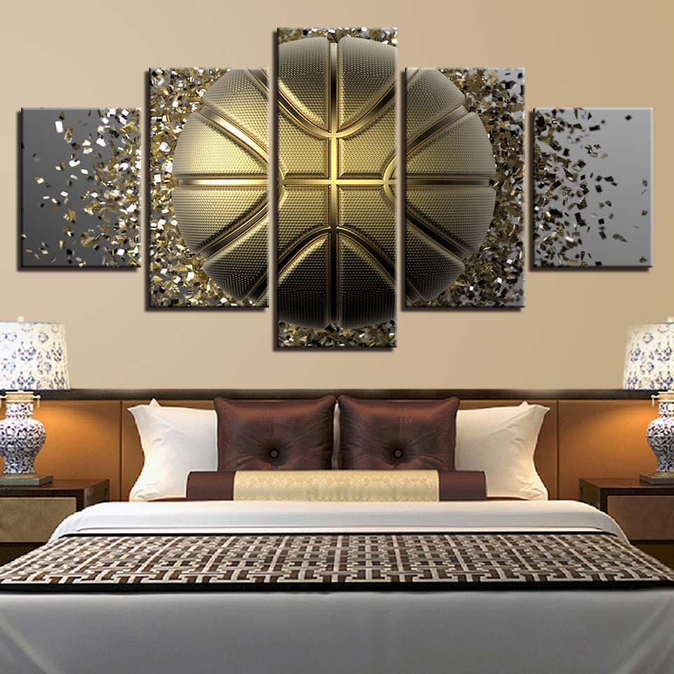 Golden Basketball 5 Piece HD Multi Panel Canvas Wall Art Frame-Original Frame