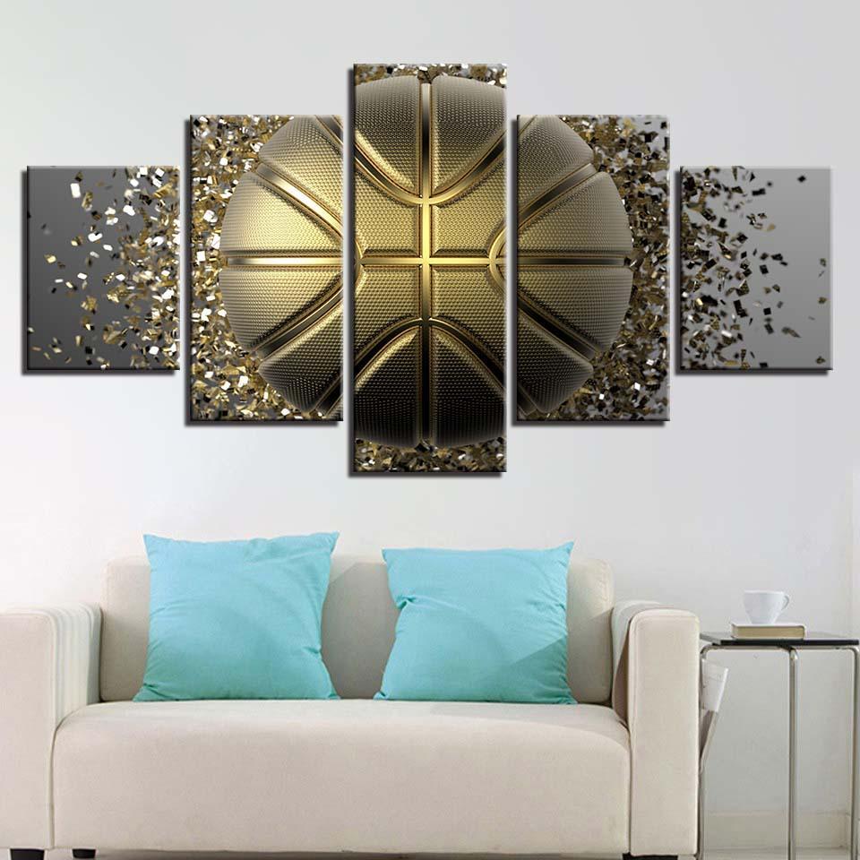 Golden Basketball 5 Piece HD Multi Panel Canvas Wall Art Frame-Original Frame