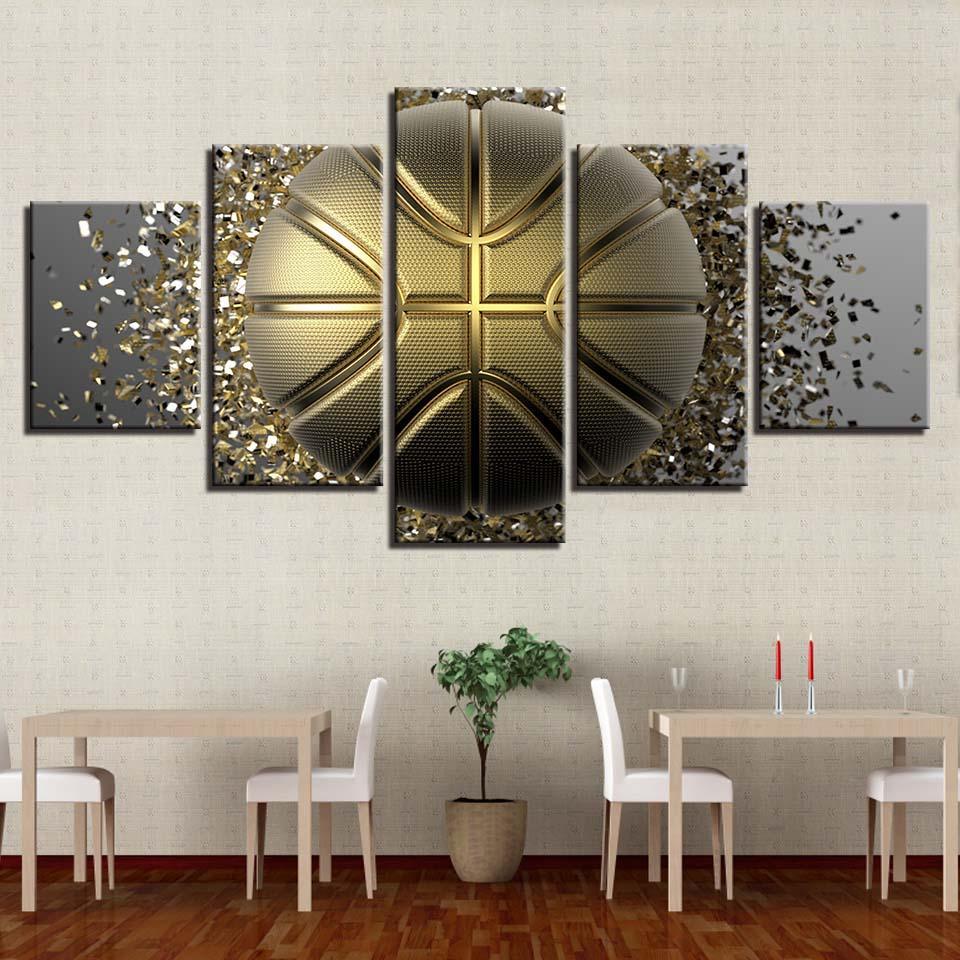 Golden Basketball 5 Piece HD Multi Panel Canvas Wall Art Frame-Original Frame