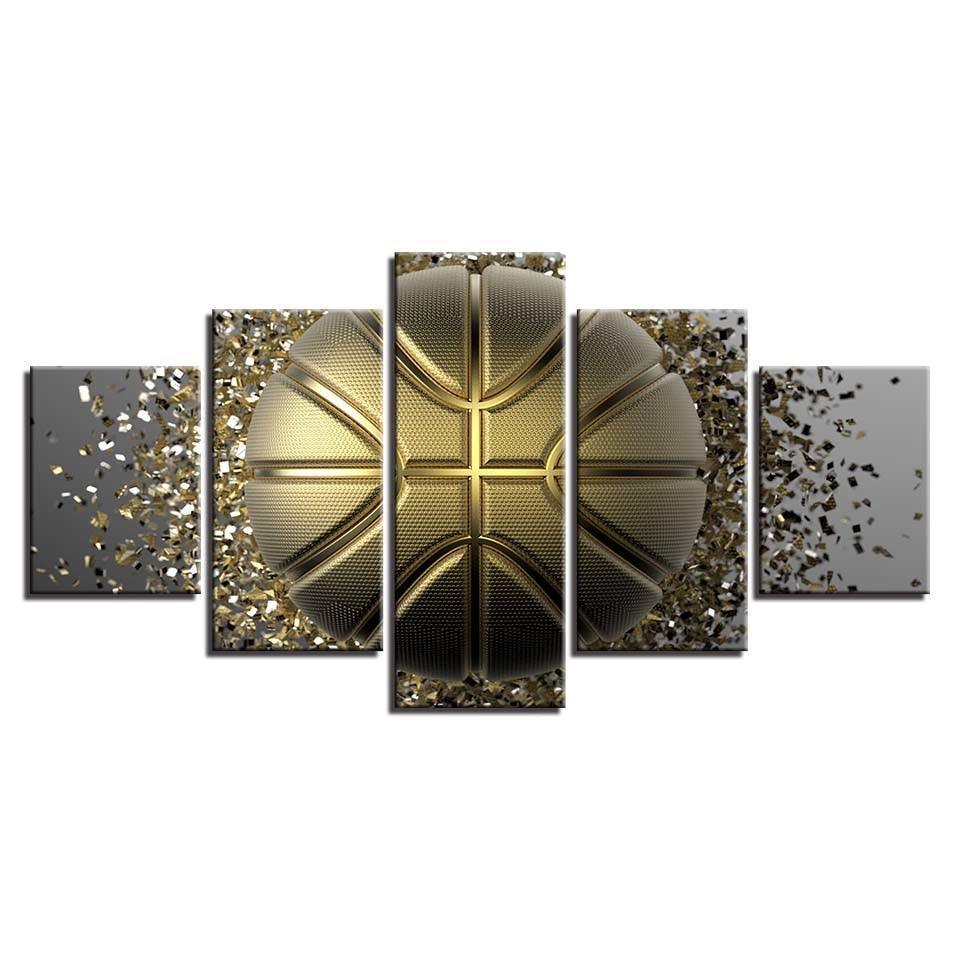 Golden Basketball 5 Piece HD Multi Panel Canvas Wall Art Frame-Original Frame