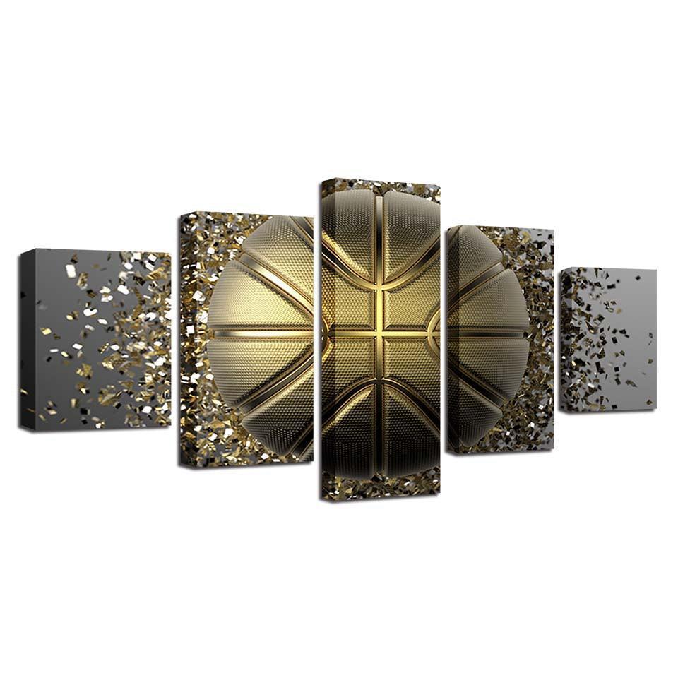 Golden Basketball 5 Piece HD Multi Panel Canvas Wall Art Frame-Original Frame