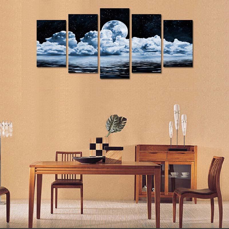 Moon Night View 5 Piece HD Multi Panel Canvas Wall Art Frame-Original Frame