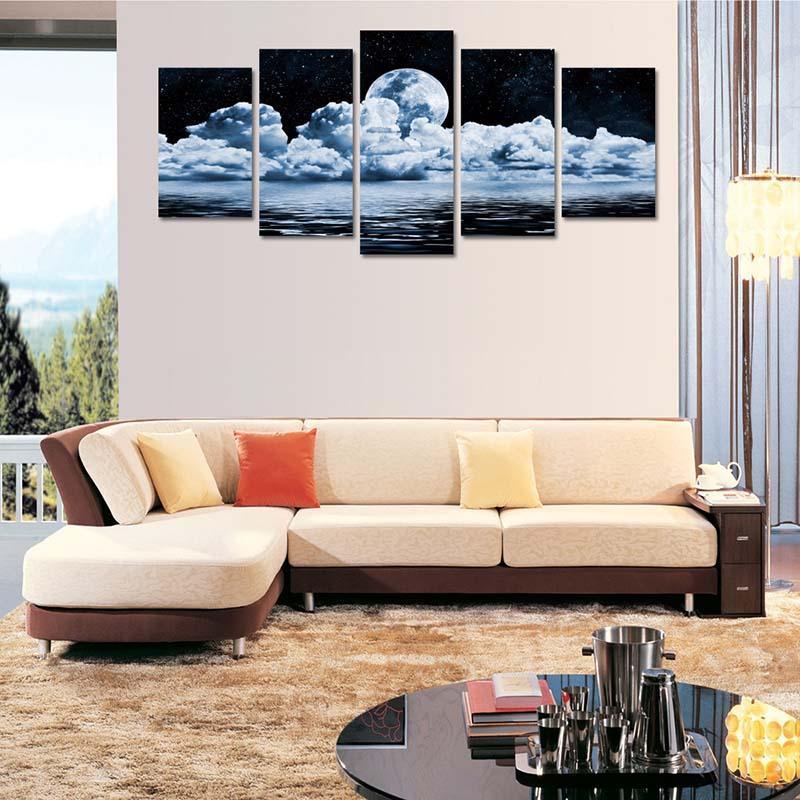 Moon Night View 5 Piece HD Multi Panel Canvas Wall Art Frame-Original Frame