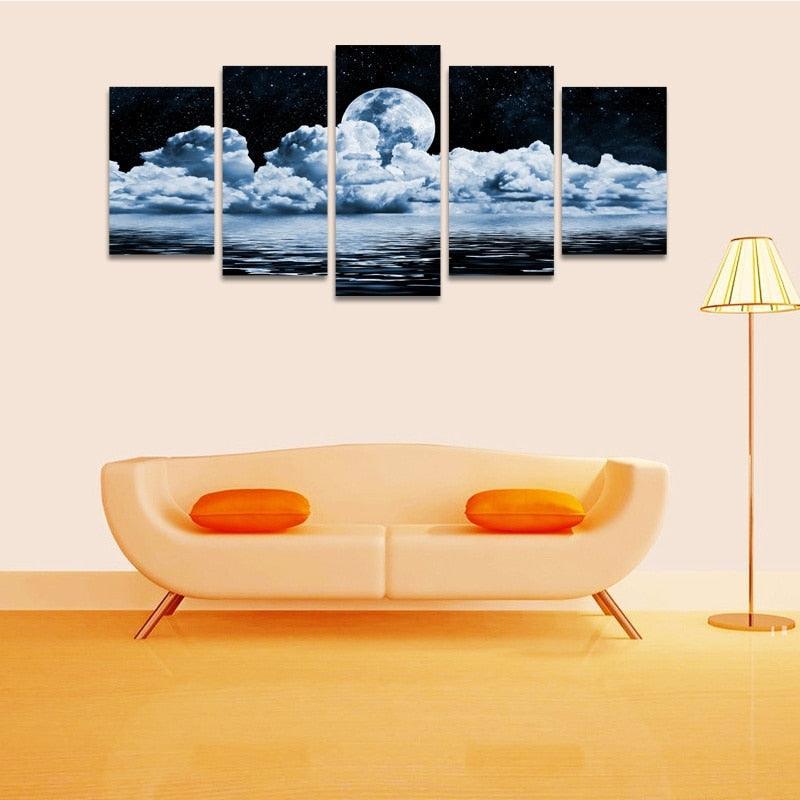 Moon Night View 5 Piece HD Multi Panel Canvas Wall Art Frame-Original Frame
