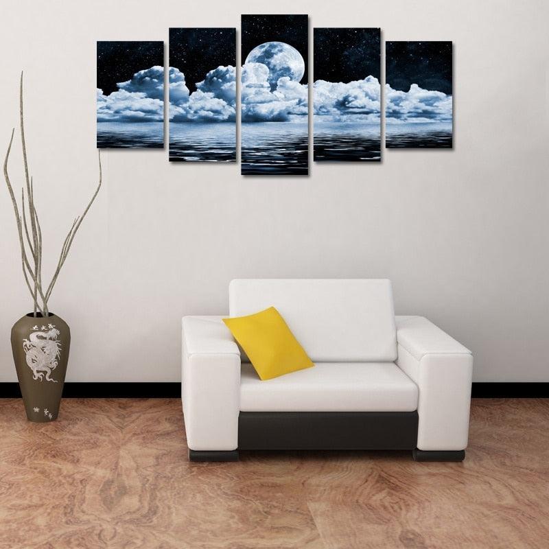 Moon Night View 5 Piece HD Multi Panel Canvas Wall Art Frame-Original Frame