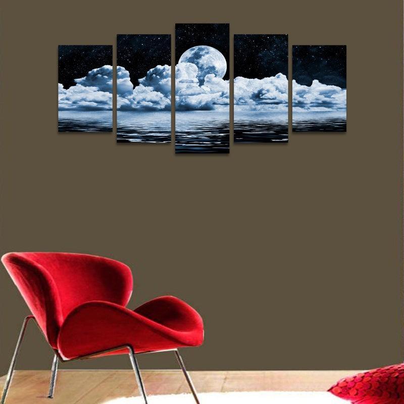 Moon Night View 5 Piece HD Multi Panel Canvas Wall Art Frame-Original Frame