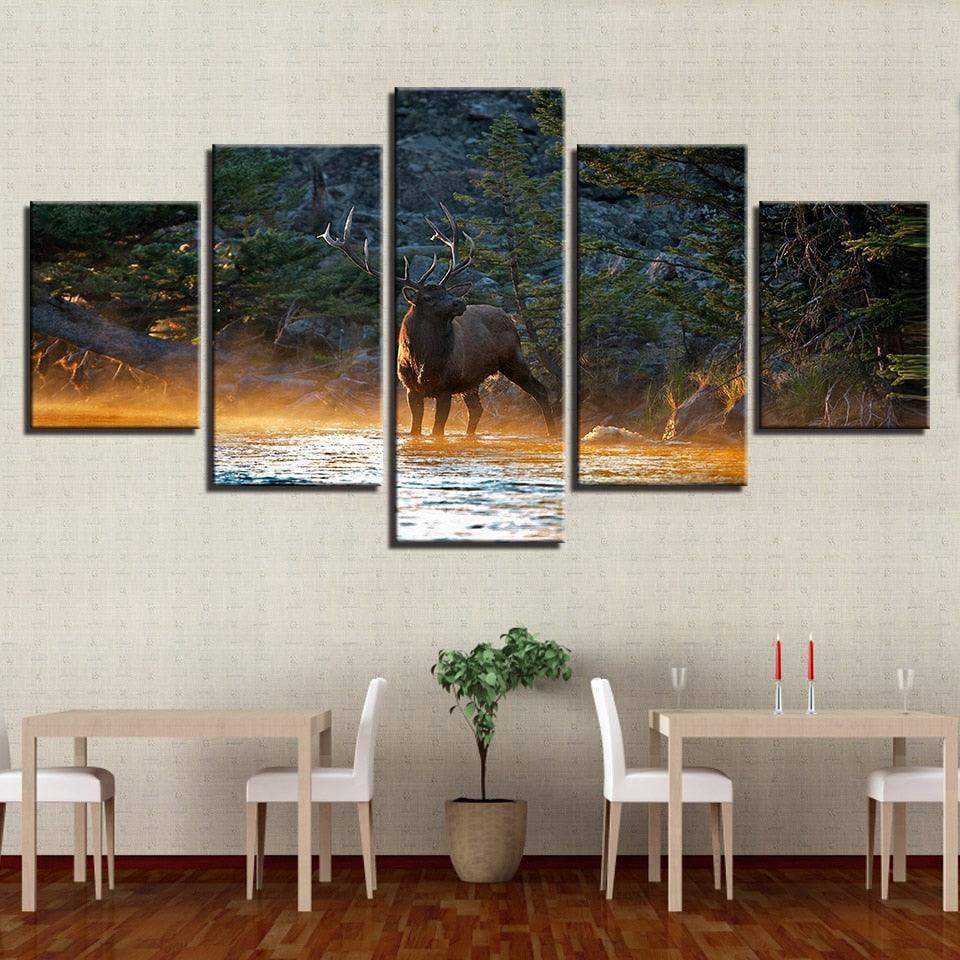 Elk In Forest Stream 5 Piece HD Multi Panel Canvas Wall Art Frame-Original Frame