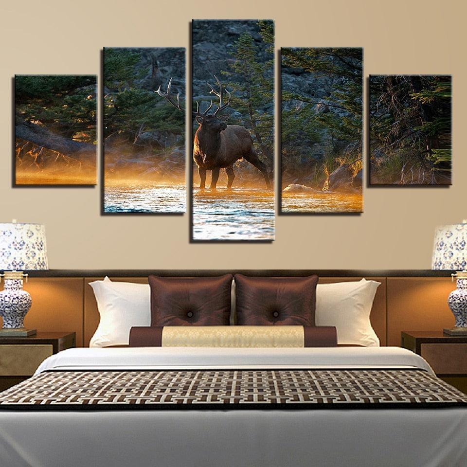 Elk In Forest Stream 5 Piece HD Multi Panel Canvas Wall Art Frame-Original Frame