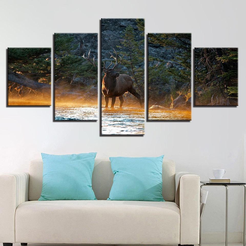 Elk In Forest Stream 5 Piece HD Multi Panel Canvas Wall Art Frame-Original Frame