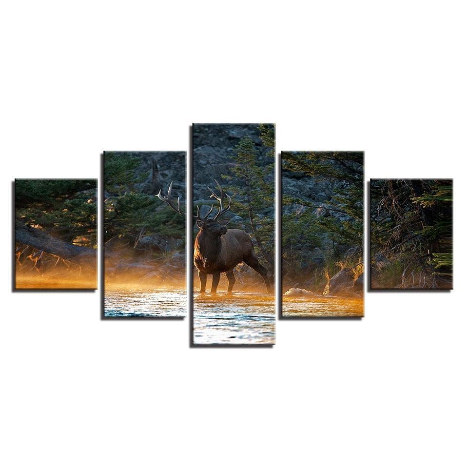 Elk In Forest Stream 5 Piece HD Multi Panel Canvas Wall Art Frame-Original Frame