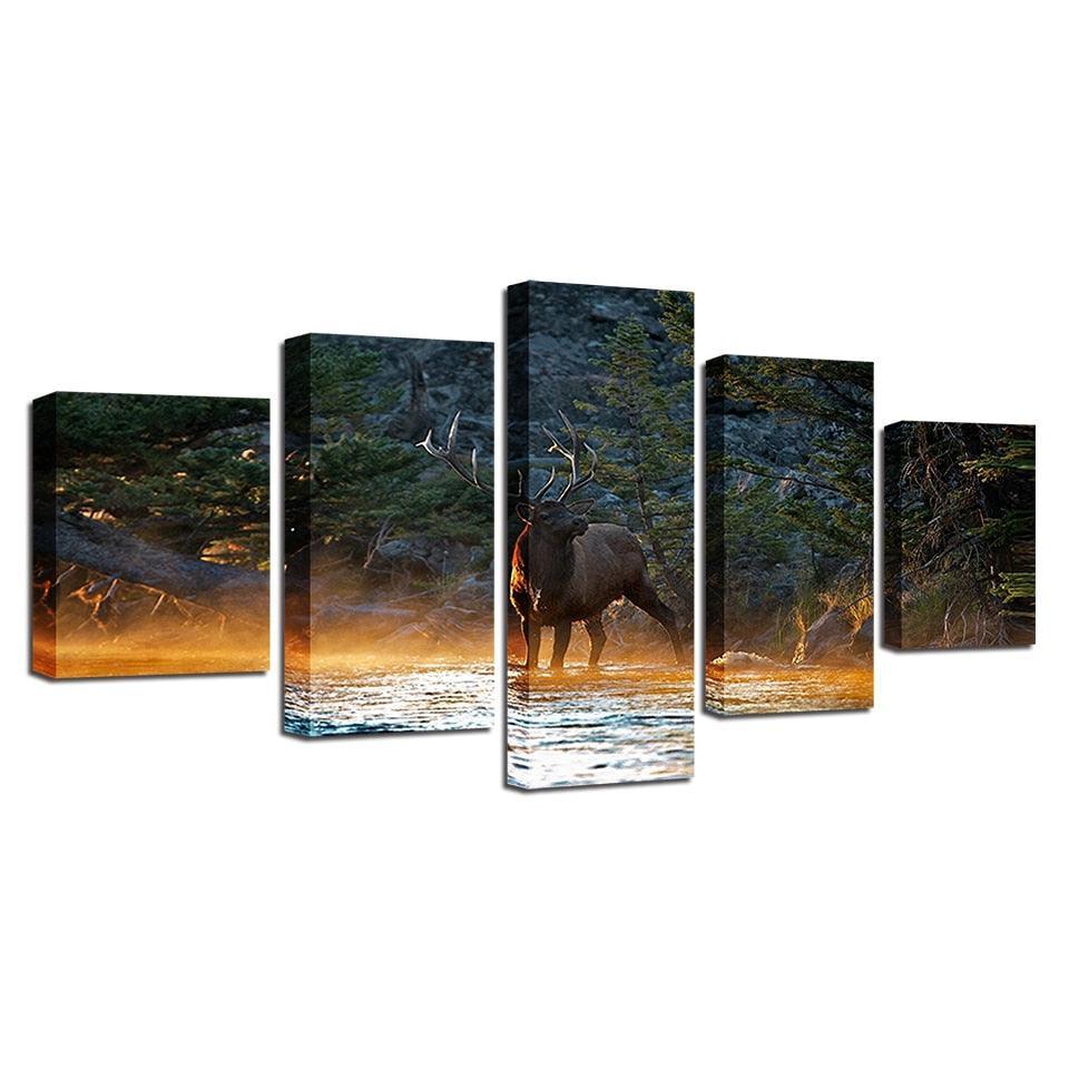 Elk In Forest Stream 5 Piece HD Multi Panel Canvas Wall Art Frame-Original Frame