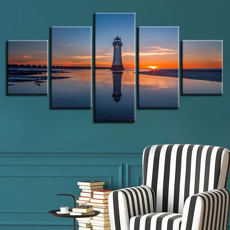 Sun Lighthouse Seaview 5 Piece HD Multi Panel Canvas Wall Art Frame-Original Frame