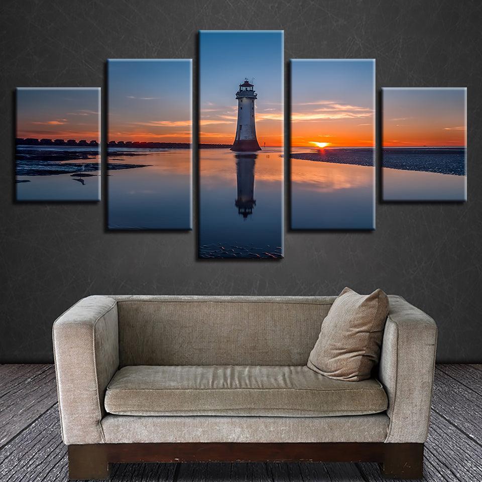 Sun Lighthouse Seaview 5 Piece HD Multi Panel Canvas Wall Art Frame-Original Frame