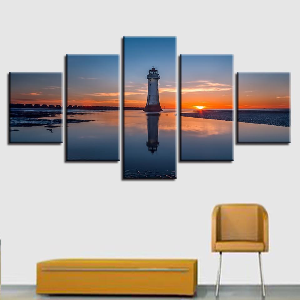 Sun Lighthouse Seaview 5 Piece HD Multi Panel Canvas Wall Art Frame-Original Frame